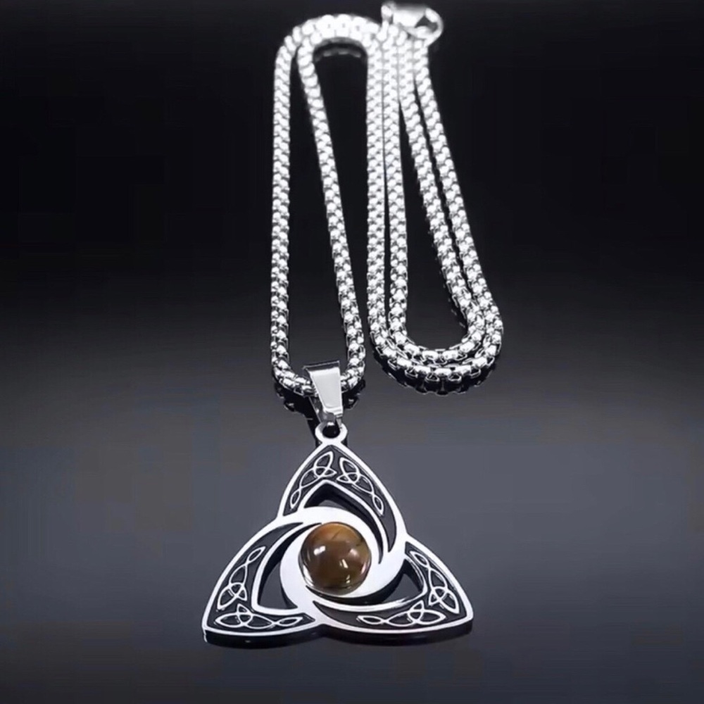 Silver Celtic Trinity Knot Necklace with Brown Tiger Eye